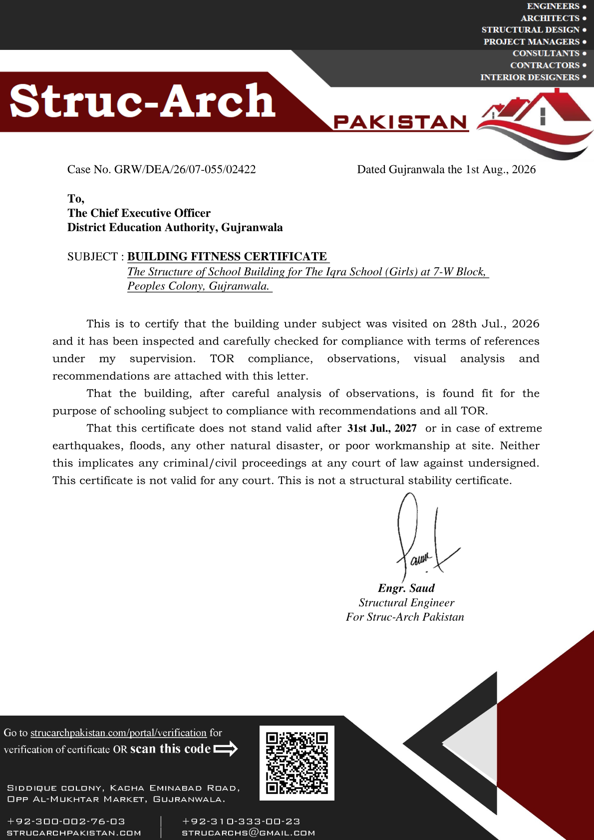Sample building fitness certificate issued by Struc-Arch Pakistan